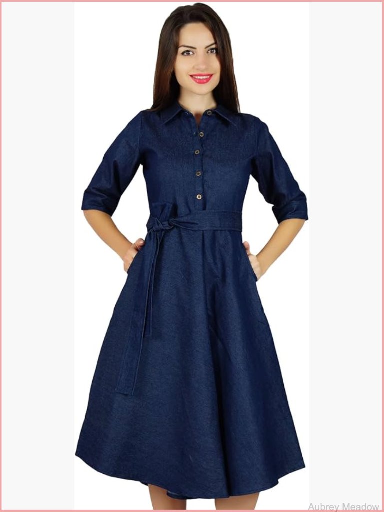 Chambray Shift Dress With Button Front And Pockets